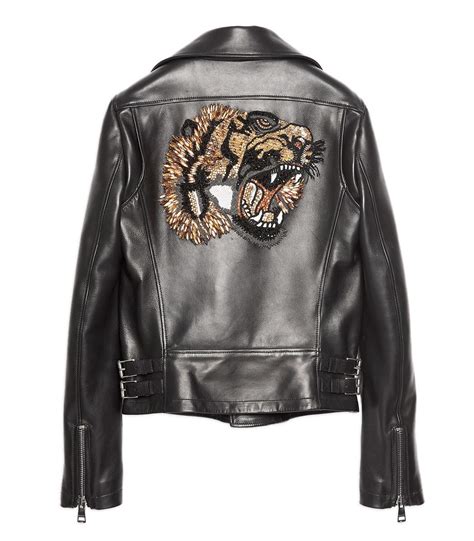 gucci womens jacket leather trim|Gucci tiger leather jacket.